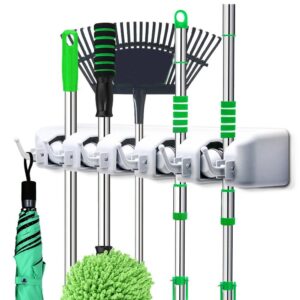 Wall Mounted Multipurpose Mop and Broom Holder 5 Slot Position with 6 Hooks Garage Storage , Garden tool Organizer up to 11 Tools [Product Code 0199]