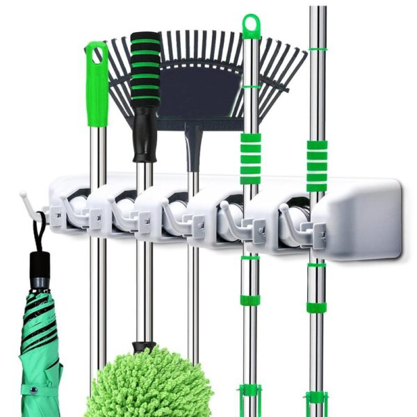 Wall Mounted Multipurpose Mop and Broom Holder 5 Slot Position with 6 Hooks Garage Storage , Garden tool Organizer up to 11 Tools [Product Code 0199]