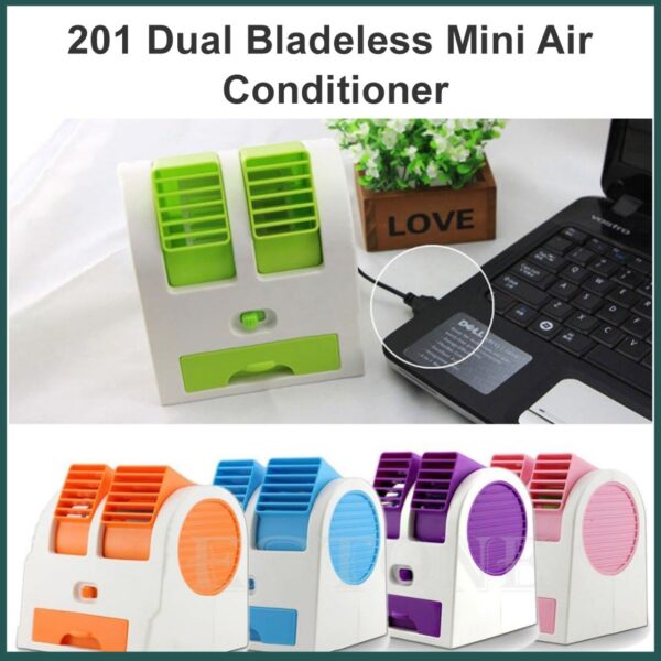 Portable Dual Bladeless Mini Cooler Desktop Table Fan Small Water Air Conditioner Powered by USB & Battery Use of Car Home Office Multi color [Product Code 0201]
